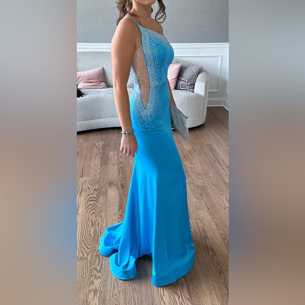 Stunning Prom dress gown with crystals. Size 2 blue. Excellent condition.
